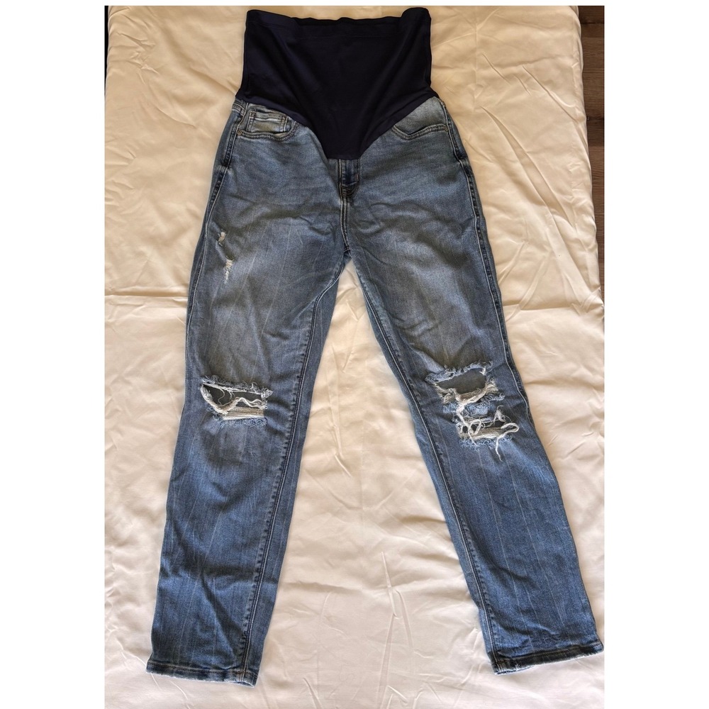 PinkBlush Maternity Distressed Boyfriend Jeans Blue Size 28 Full Belly Band